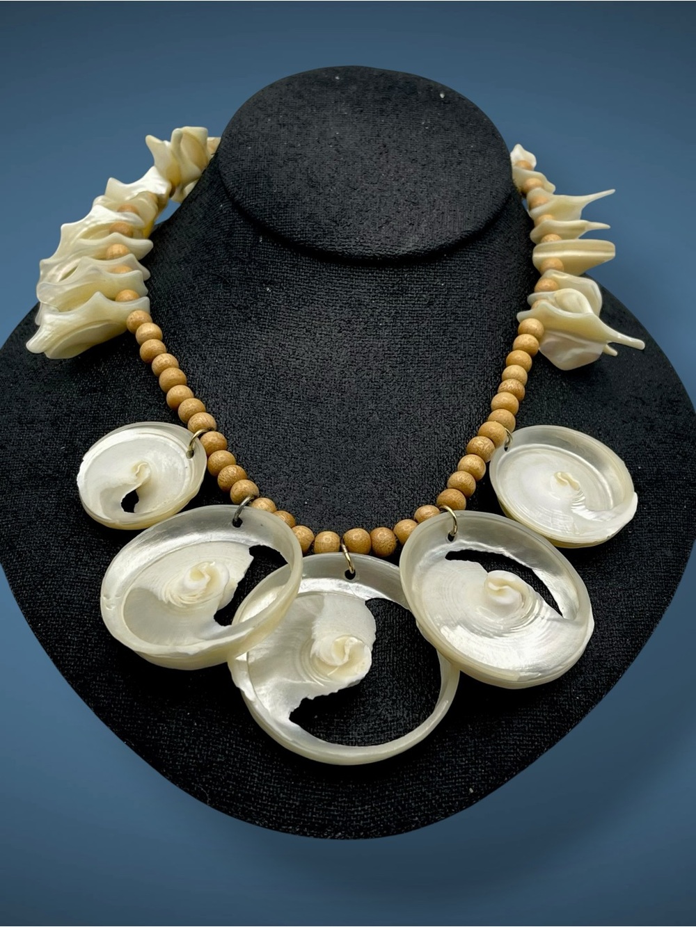 Vintage Mother of Pearl Sliced Conch Shell Statement Necklace Wood Beads